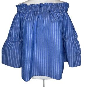 Capri Blue and White Striped off the Shoulder Top, Flutter Sleeves Summer Medium